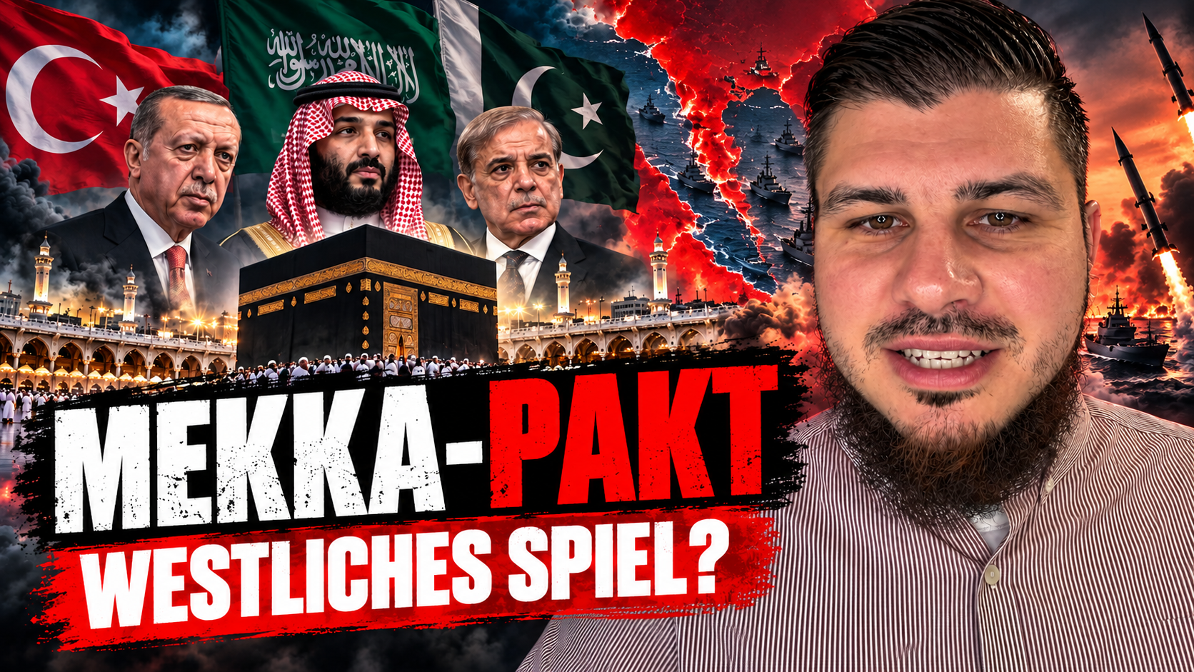 Blog-Beitragsbild zum Mekka-Pakt zwischen der Türkei, Saudi-Arabien und Pakistan. Tobias Voss steht im Vordergrund, während die politischen Führungspersönlichkeiten der drei Staaten, ihre Nationalflaggen, die Kaaba in Mekka sowie Kriegsschiffe und Raketen