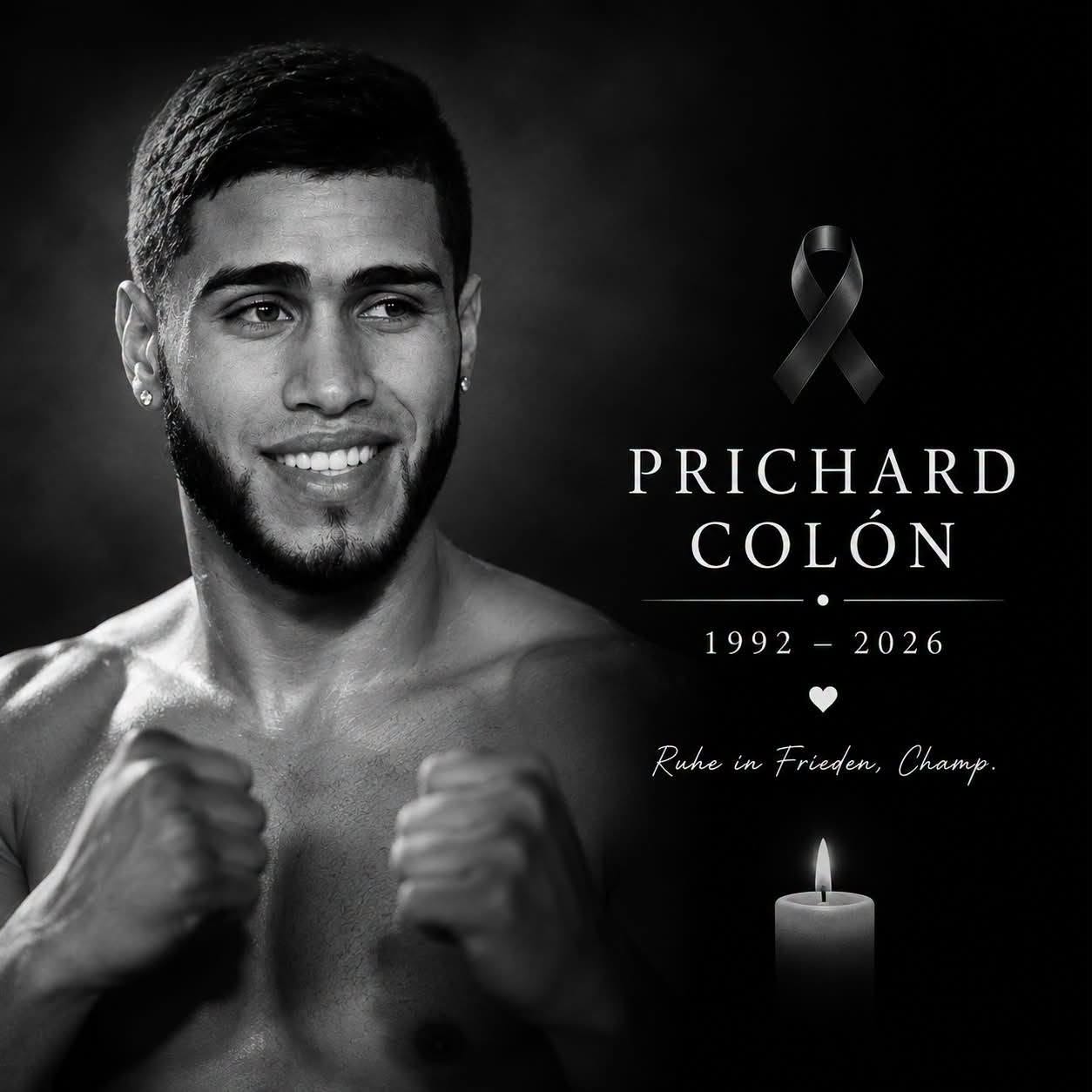 Prichard Colón als junger Boxer mit Boxhandschuhen auf einem schwarz-weißen Gedenkbild. Mit Trauerschleife, Kerze und den Lebensdaten 1992–2026.