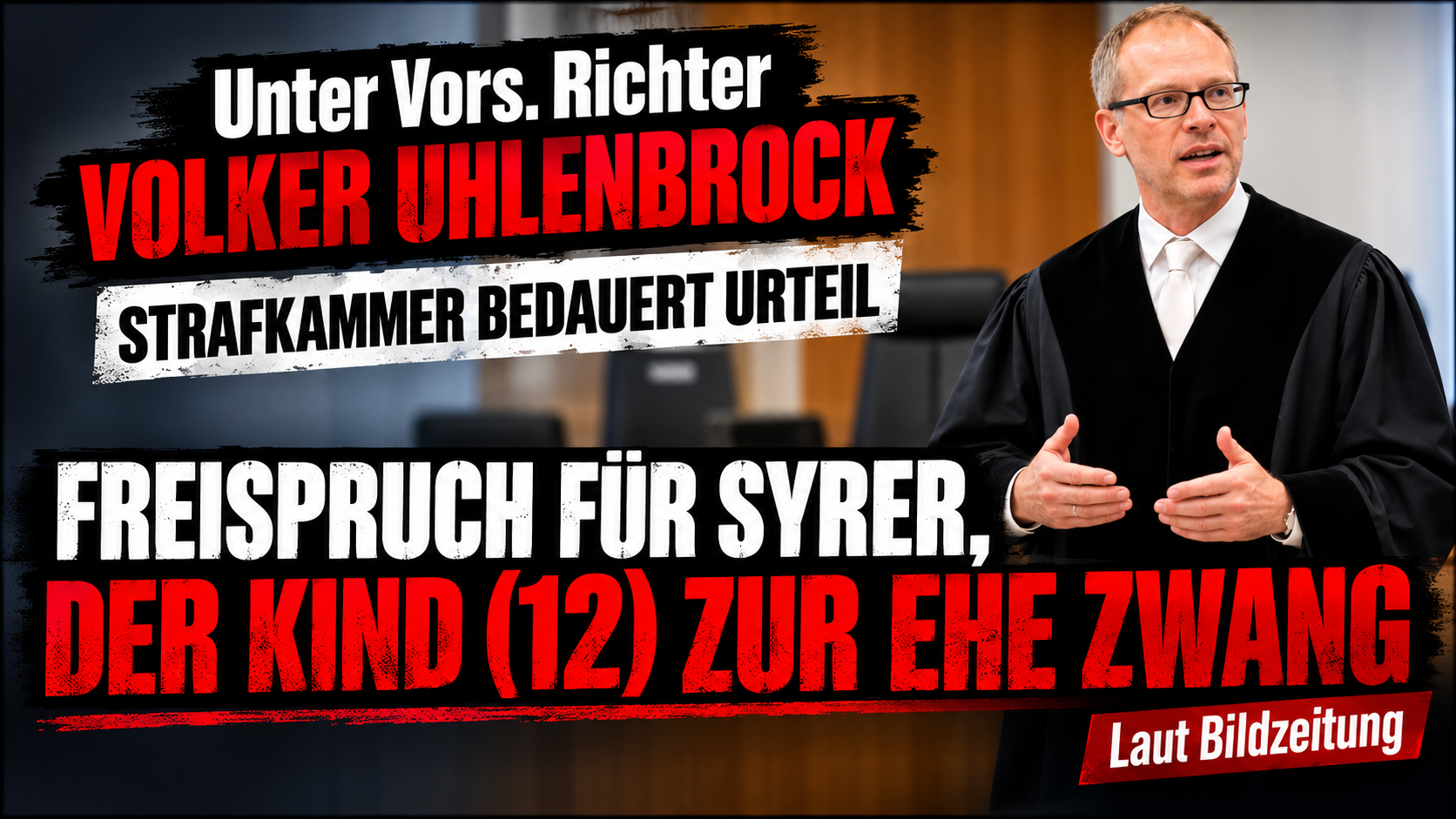 Richter Volker Uhlenbrock im Gerichtssaal mit Schlagzeile zum Freispruch für einen Syrer, der laut Bildzeitung ein 12-jähriges Kind zur Ehe zwang