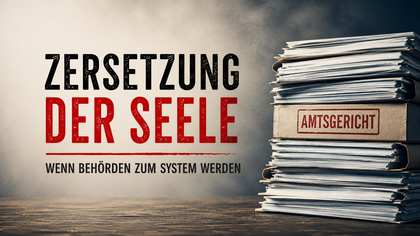 Zersetzung der Seele: Symbolische Darstellung von Behörden, Bürokratie und gerichtlichen Verfahren mit einem Stapel von Akten und dem Schriftzug „Amtsgericht“.